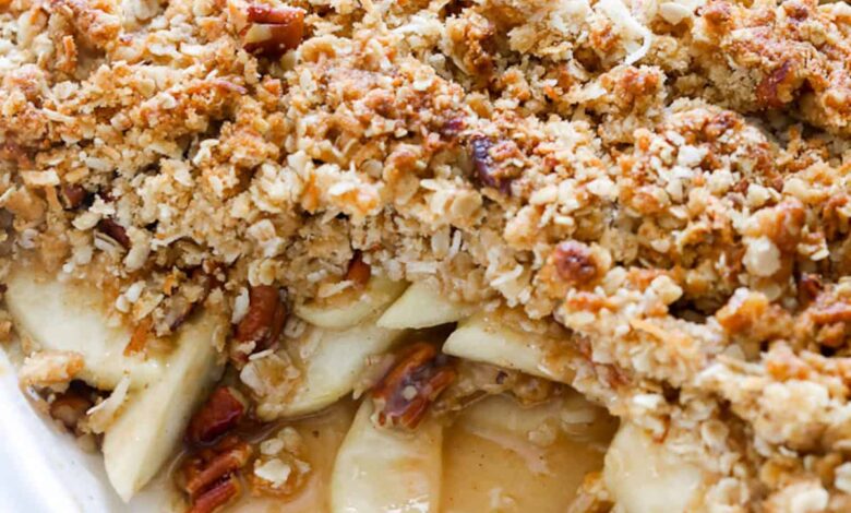 A baking dish of apple crisp