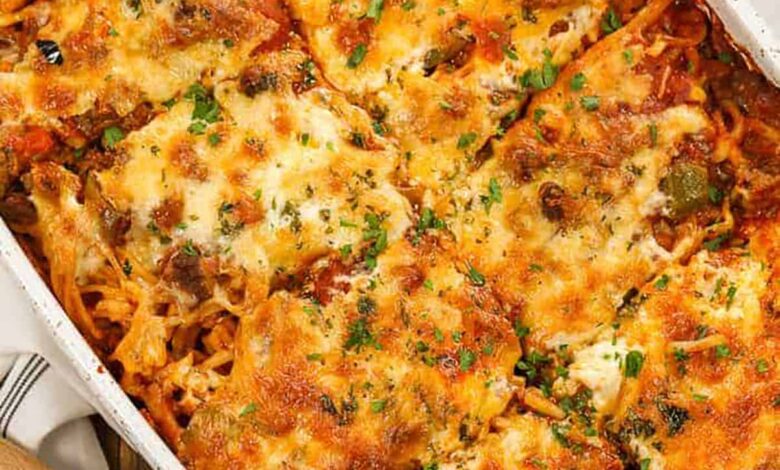 baked spaghetti sliced in a casserole dish