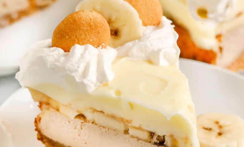 piece of banana pudding cheesecake on a white plate