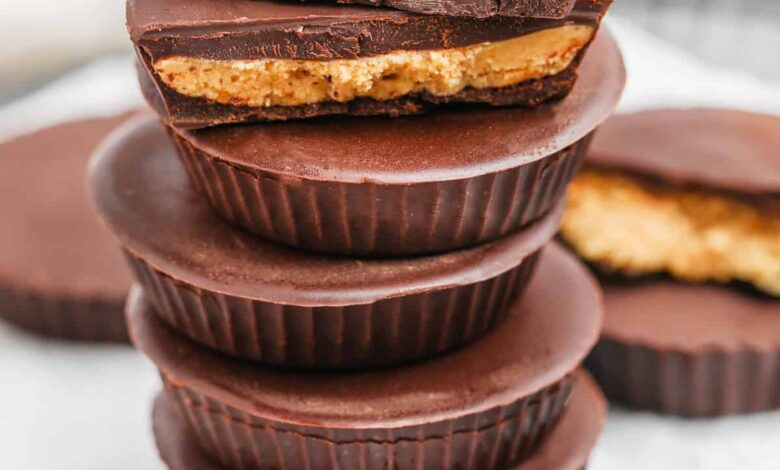 stack of Copycat Reese's Peanut Butter Cups with one in half on top