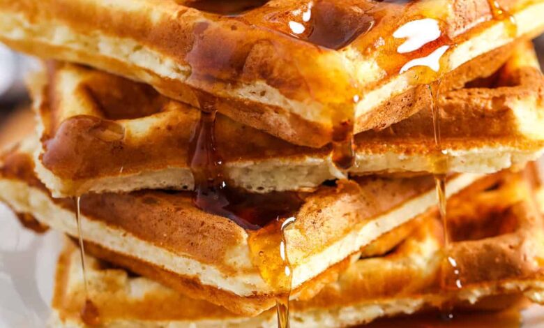 plated Homemade Waffle Recipe with syrup and butter