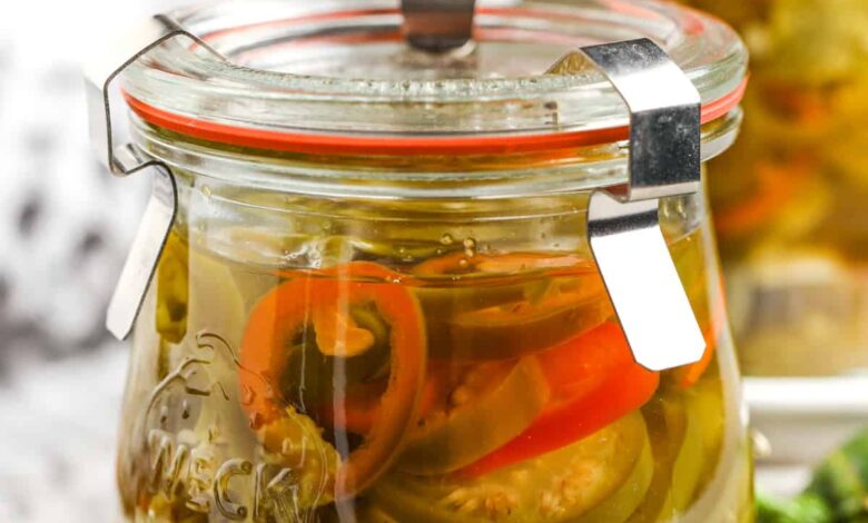close up of Quick Pickled Jalapenos in jars