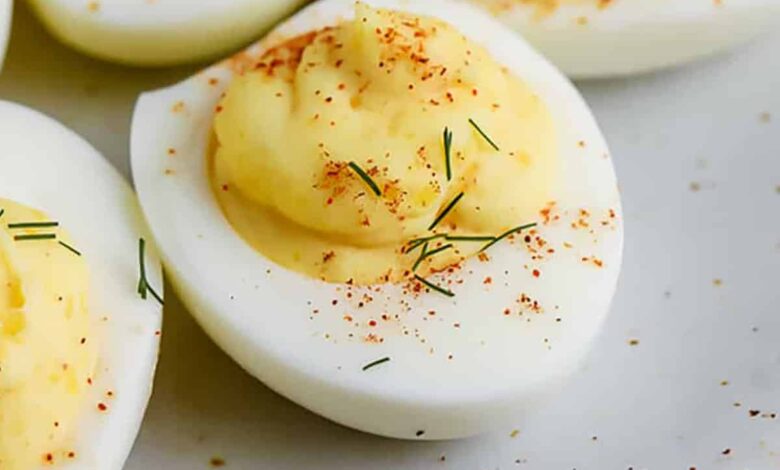 close up of Deviled Eggs on a plate