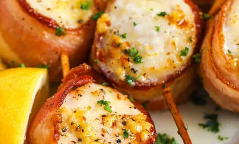 Bacon Wrapped Scallops with garlic and butter