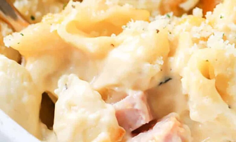 close up of creamy Cheesy Ham Casserole