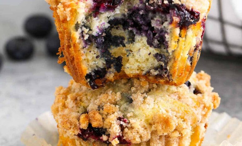 Blueberry muffins with a streusel topping stacked