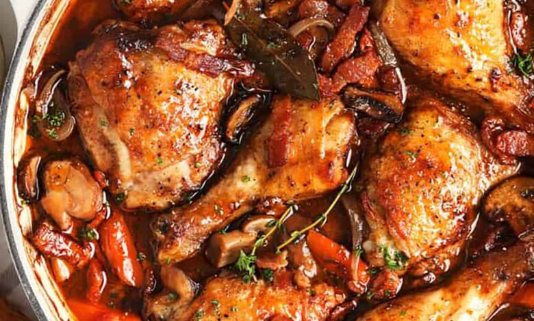 close up of Coq Au Vin in the pot