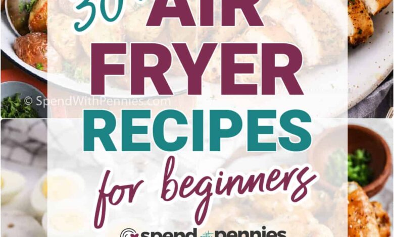 a collage of air fryer recipes shown with a title