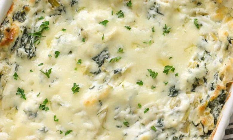 baked Spinach Artichoke Dip in a dish