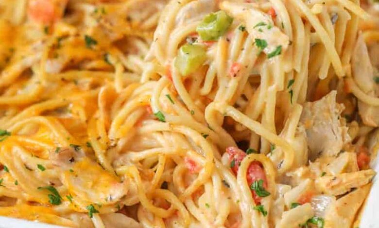 chicken spaghetti in a baking dish