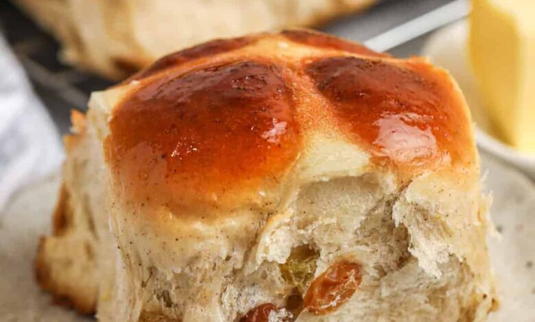 close up of fluffy Hot Cross Buns